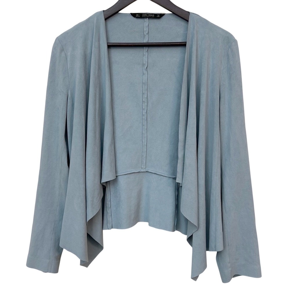 Womens Zara Basic Faux Suede Draped Waterfall Jacket L Dusty Blue Minimalist‎